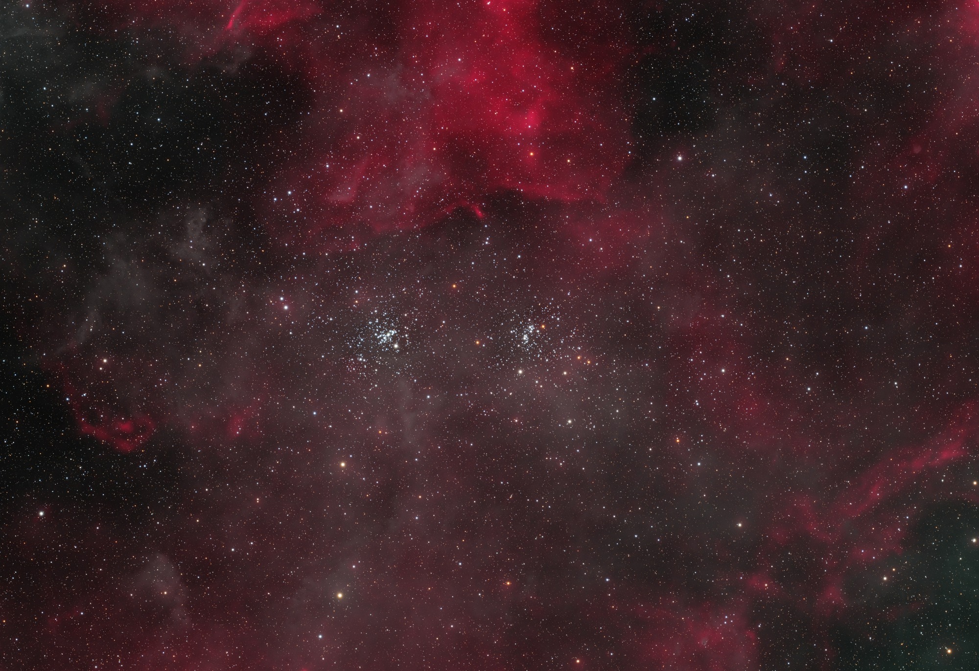 Double Cluster with Dust and Ha (NGC 869 and NGC 884)