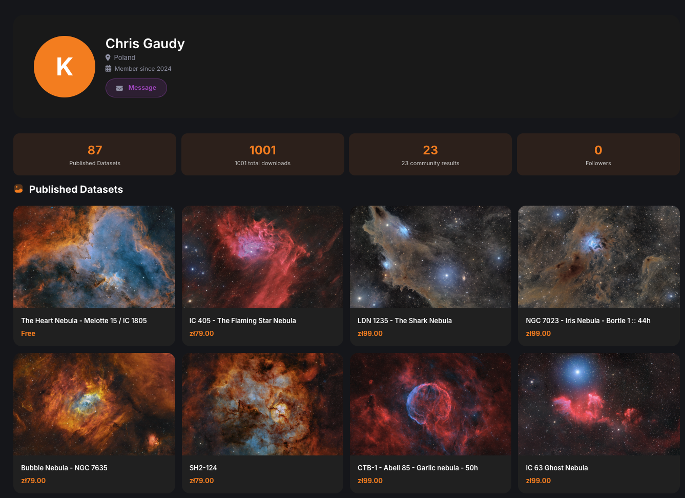 New AstrophotoMarket.com features: Favorites, Premium Quality badges, and Author Profile links