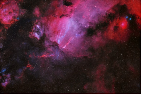 Ice Blue Sprites and Fire Red Twisters in the Sagittarius Star Cloud - SNR G013.3-01.3 - Astrophotography Image - stack, Master Light Frames to download - Sky-Watcher Esprit 100ED APO