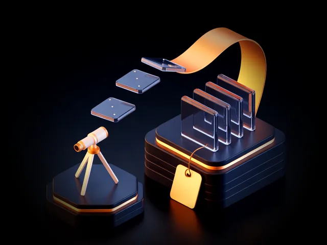 Illustration: a telescope sending data frames to a marketplace shelf with a price tag